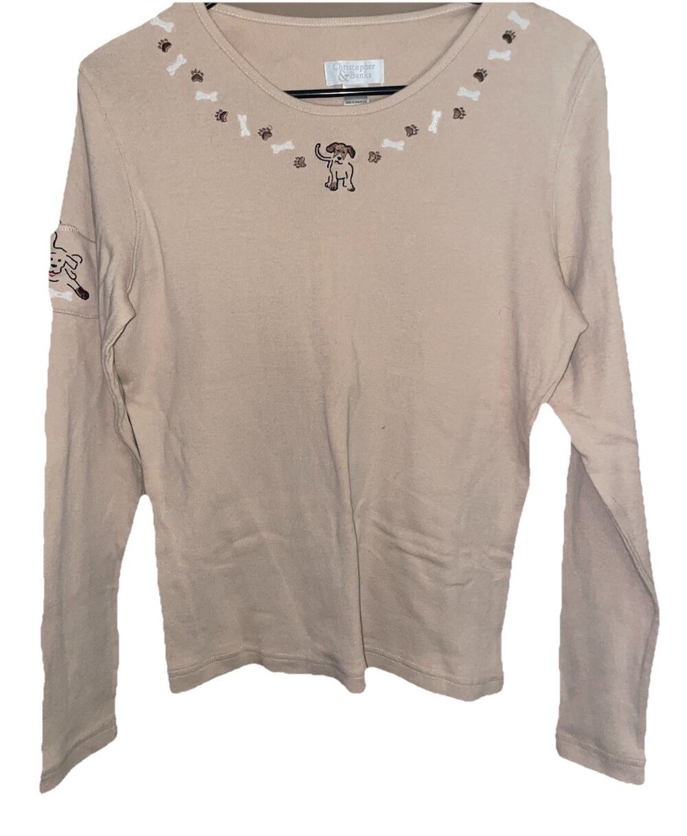Christopher & Banks Women’s 3/4 Sleeve Puppy Dog Embroidered Shirt Sz S